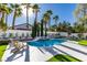 Beautiful backyard pool with a modern design, lush landscaping, and a sun-drenched patio at 5573 San Florentine Ave, Las Vegas, NV 89141