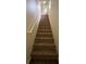 Carpeted stairs leading to the second floor with a white handrail and wood flooring at the base of the stairs at 8009 Draco Cir # 201, Las Vegas, NV 89128