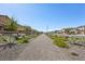 A gravel walking path lined with desert landscaping in a residential neighborhood with multiple two-story homes under a bright, clear sky at 3903 Henny Ave, Las Vegas, NV 89141