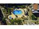 Top-down view of a sparkling community pool with spa and surrounding landscape of palm trees at 5166 S Jones Blvd # 202, Las Vegas, NV 89118