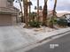 Well-maintained front yard with desert landscaping, mature palm trees, and a paved walkway at 8379 Drop Camp St, Las Vegas, NV 89123