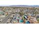 Wide aerial shot of a suburban area with homes featuring private pools and solar panels, set against a backdrop of distant mountains at 1912 Parkchester Dr, Las Vegas, NV 89108