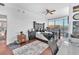 Bedroom featuring a king bed, ceiling fan, and desk area with scenic window views at 200 W Sahara Ave # 801, Las Vegas, NV 89102
