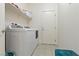 This spacious laundry room features a full-size washer and dryer, shelving, and door to outside at 2150 Grant Union Ct, Laughlin, NV 89029