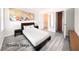 Staged bedroom features a neutral color palette, wood floors, and a view into the closet at 45 Maleena Mesa St # 327, Henderson, NV 89074