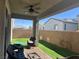 Relaxing covered patio with outdoor seating, ceiling fan, and views of the yard at 10819 Far Country Ave, Las Vegas, NV 89129