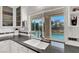 Modern kitchen sink with a view of the pool and outdoor living area at 2020 Rainbow View St, Henderson, NV 89012
