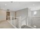 Upper level hallway with carpet, white railing, and doors leading to different rooms at 3354 Via Strada St, Henderson, NV 89044