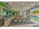 Expansive covered outdoor dining area with stylish furniture, lush greenery, and a view of the sparkling pool at 4345 N Dapple Gray Rd, Las Vegas, NV 89129