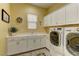Well-equipped laundry room with white cabinetry, ample counter space, sink, and modern washer and dryer for convenience at 12121 Cabo Rojo Ave, Las Vegas, NV 89138