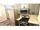 Modern kitchen features stainless steel appliances, gray cabinets and beautiful countertop at 1624 N Torrey Pines Dr # 101, Las Vegas, NV 89108