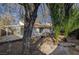 Home's backyard featuring a covered patio, lush trees, and hardscape at 2367 E Hacienda Ave, Las Vegas, NV 89119