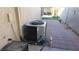 Side yard with pavers, a small dog, and newer AC unit at 5856 Sutcliffe Cir, Las Vegas, NV 89110