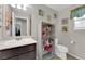 Well-lit bathroom with a vanity, mirror, and ample storage shelving for organization at 958 Harbor Ave, Henderson, NV 89002