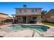 Backyard pool and patio area with an outdoor kitchen and covered seating area at 2199 Maple Shade St, Henderson, NV 89002
