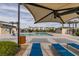 Inviting pool with lounge chairs and shade umbrellas, surrounded by desert landscape and palm trees at 2598 Mocha Pearl Ct, North Las Vegas, NV 89086