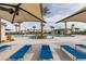 Inviting pool surrounded by desert landscaping, palm trees, shade umbrellas and lounge chairs at 2598 Mocha Pearl Ct, North Las Vegas, NV 89086