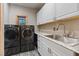 Bright laundry room features modern machines, ample storage and counterspace at 306 Crestview Dr, Las Vegas, NV 89124
