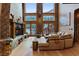 Cozy living room features stone fireplace, vaulted ceiling, and views of the surrounding nature at 306 Crestview Dr, Las Vegas, NV 89124