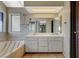 Bathroom with double vanity, bathtub, and large mirror at 4706 Obannon Dr # C, Las Vegas, NV 89102