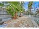Overgrown backyard featuring concrete pavers, a fence and tropical palms at 1904 Chapman Dr, Las Vegas, NV 89104