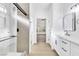 Modern bathroom features a glass enclosed shower, and double sink vanity with ample counter space at 2160 Point Mallard Dr, Henderson, NV 89012