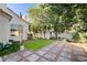 Charming backyard featuring artificial turf, stone pavers, and mature landscaping at 2864 Cape Verde Ln, Las Vegas, NV 89128