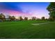 Beautifully manicured golf course view with lush green grass, mature trees, and distant city buildings at 2819 Queens Courtyard Dr, Las Vegas, NV 89109
