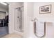 Bathroom featuring walk in shower and safety tub with view to closet at 1407 Wheelwright Ct, Mesquite, NV 89034