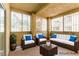 A virtually staged covered patio is shown with cozy seating arrangements and sunlight at 1560 Jamielinn Ln # 101, Las Vegas, NV 89110