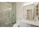 Bathroom featuring a glass enclosed shower, modern vanity and marble countertops at 2295 Aria Dr, Henderson, NV 89052