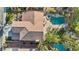 Aerial view of a home with a private pool and spa, surrounded by lush landscaping and outdoor seating areas at 2323 Carinth Way, Henderson, NV 89074