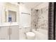 This bathroom has nice hexagon tile and updated fixtures at 4360 Wendy Ln, Las Vegas, NV 89115