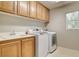 Well-equipped laundry room with sink, cabinets, and modern washer and dryer at 9108 Ghost Mountain Ave, Las Vegas, NV 89129