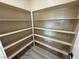Walk-in pantry with ample shelving for organized storage, wood grain floors, and neutral paint at 3080 S Prairie Ave, Pahrump, NV 89048