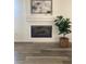 Cozy living room featuring a tiled fireplace, potted plant, and modern gray wood flooring at 9008 Cotton Rose Way, Las Vegas, NV 89134
