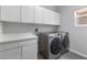 Laundry room with white cabinets, counter, and modern washer and dryer at 2231 Desert Prairie St, Las Vegas, NV 89135