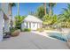 Backyard featuring a pool with a charming guesthouse, complemented by lush greenery and comfortable seating at 2339 Prometheus Ct, Henderson, NV 89074