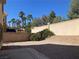 Desert backyard with a privacy wall, mature palm trees, and low-maintenance landscaping at 405 Center Green Dr, Las Vegas, NV 89148