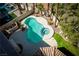 Aerial view of a backyard featuring a beautiful kidney shaped pool, in ground hot tub, and lush landscaping at 2528 Furnace Creek Ave, Henderson, NV 89074