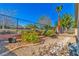 Backyard featuring desert landscaping, palm tree, and a metal fence at 3685 Australian Cloud Dr, Las Vegas, NV 89135