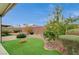 Landscaped backyard with artificial turf, desert plants, and a producing citrus tree at 3717 Rocklin Peak Ave, North Las Vegas, NV 89081