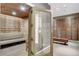 Relaxing sauna and changing room area with wooden benches, lockers, and glass door entry at 2700 Las Vegas Blvd # 1002, Las Vegas, NV 89109