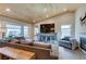 Bright living room featuring an entertainment center, fireplace, a cozy couch and hardwood ceiling at 3083 Paintedhills Ave, Las Vegas, NV 89120