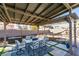 Covered outdoor patio with dining table, chairs, and view of landscaped backyard at 3083 Paintedhills Ave, Las Vegas, NV 89120