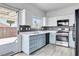 Bright kitchen with white and blue cabinets, tile backsplash, and stainless steel appliances at , Las Vegas, NV 89108