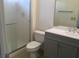Updated bathroom featuring a modern vanity and a sleek glass-enclosed shower, offering contemporary style at 8501 Stan Crest Dr, Las Vegas, NV 89134