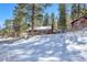 Scenic view of cabin exterior amidst snow-covered landscape and mature trees at 4165 Mont Blanc Way, Mount Charleston, NV 89124