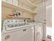 Functional laundry room equipped with a washer, dryer, and storage shelves at 101 Morning Dr, Henderson, NV 89012