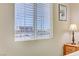 Bright bedroom featuring a street view from the window, with stylish lamp, and night stand at 1053 Hickory Park St, Las Vegas, NV 89138